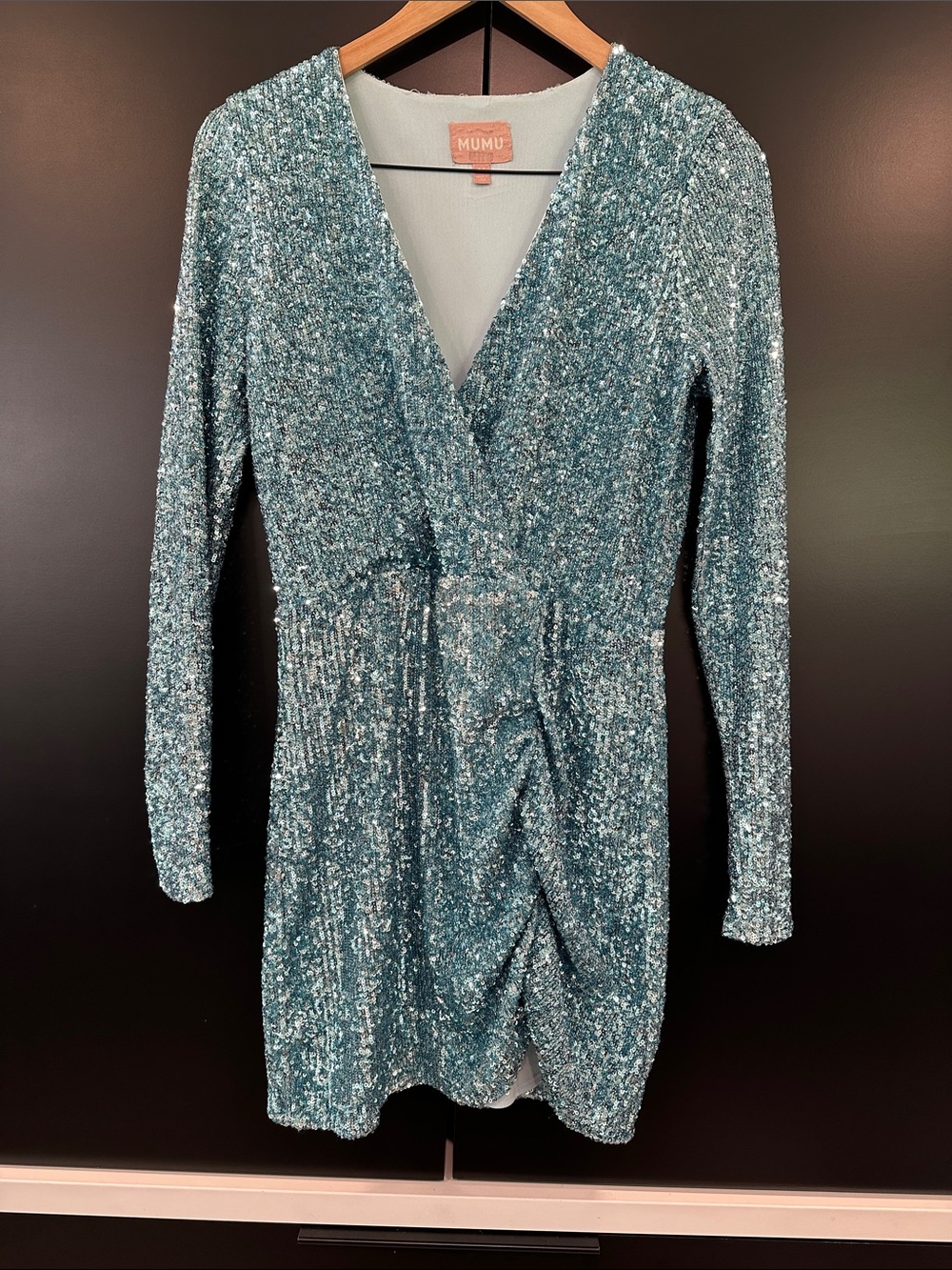 Show Me Your‎ Mumu Turquoise Blue Sequin Long Sleeve Mini Dress V-Neck Size M